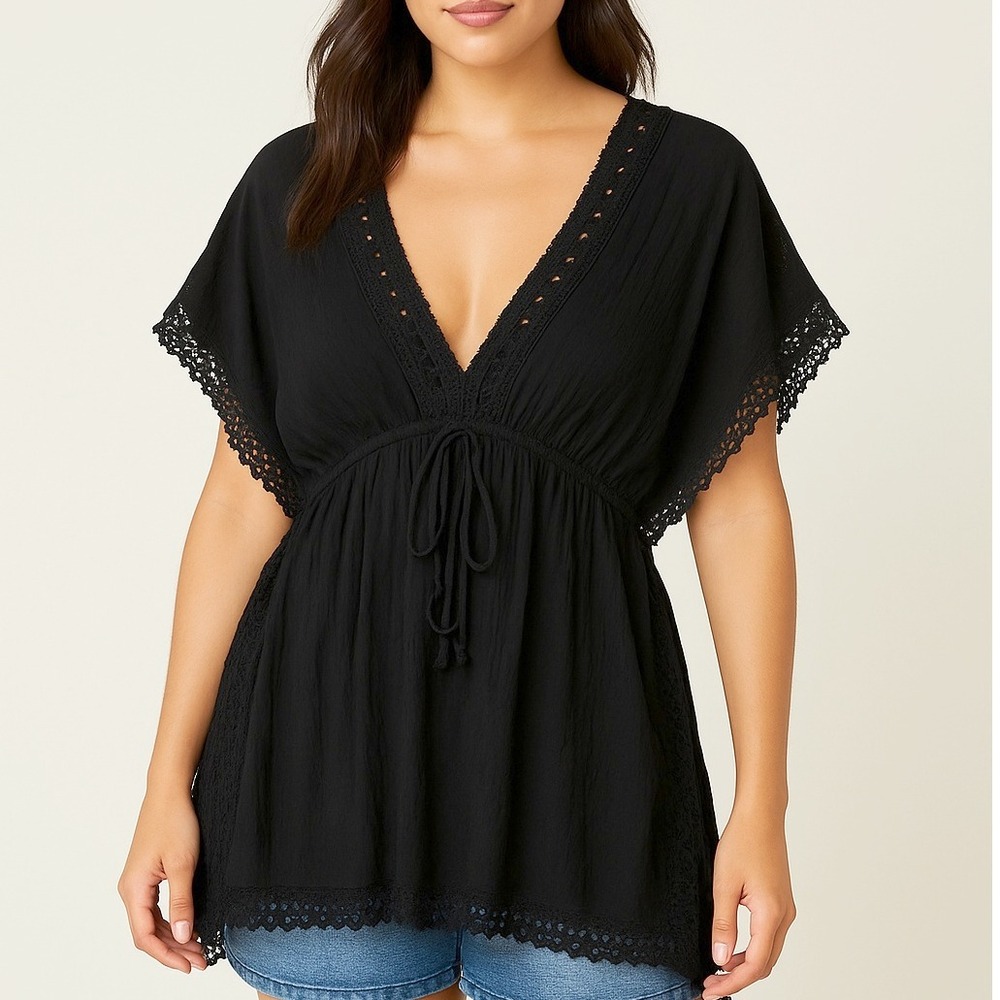 Topshop Black Crochet Lace Trim Kaftan Swim Cover Up Beach Resort Wear Medium